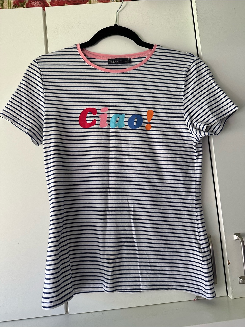 🌸 M&S Collection Ciao Stripe Graphic Tee White Navy Pink Cotton Stretch Size 6